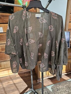 Universal Thread Bohemian Linen Blend Olive Floral Airy Kimono Cardigan  OS